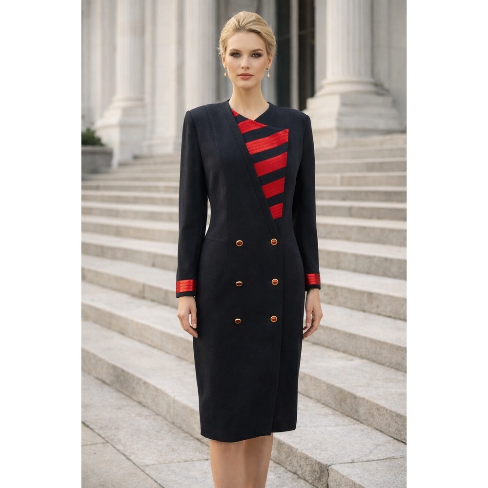 Louis Feraud Overcoat Coat Dress Womens Size 12 Black Velvet Wool Blend Trim Y2K